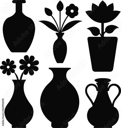 Black flower vase silhouettes white background