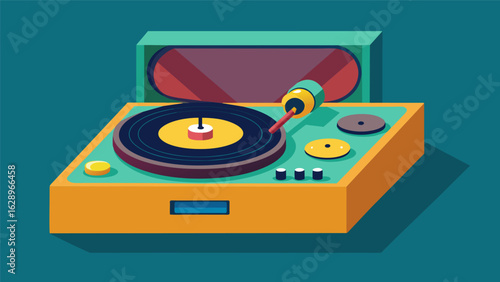 A digital animation of a record player patent from the 1950s bringing the illustration to life and showing the record player in action. Vector illustration