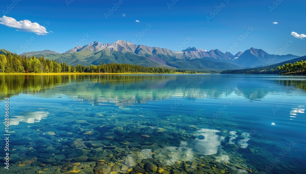 Naklejka premium Mountain lake reflection, summer day, clear water, tranquil scene, nature postcard