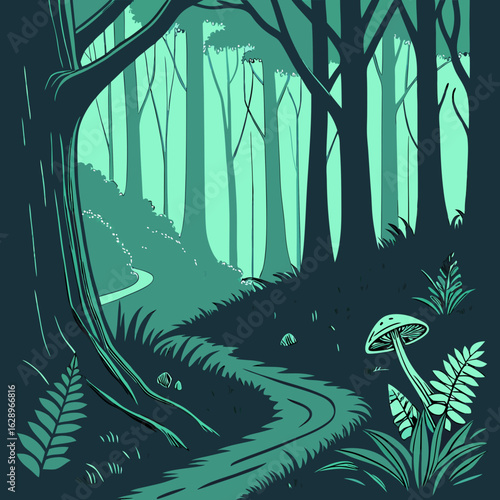 Dark Teal Forest Path with Mushrooms