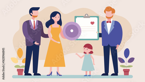 A family heirloom record passed down to a newlywed couple symbolizing the blending of their two families. Vector illustration