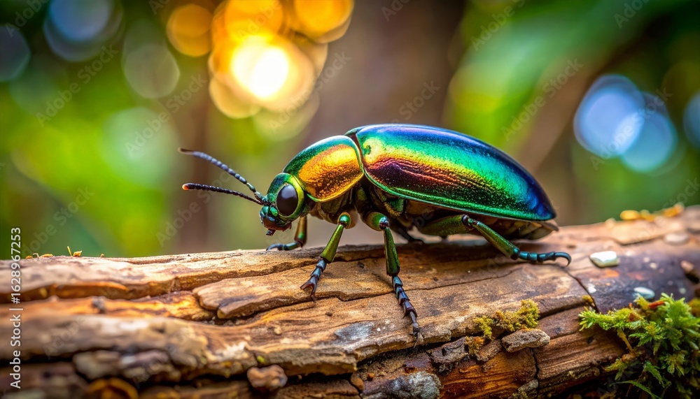 Naklejka premium Iridescent jewel beetle crawls on log
