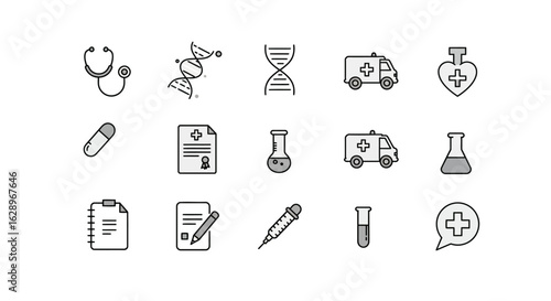 Minimalist Medical Icon Set Depicting Healthcare Tools and Concepts