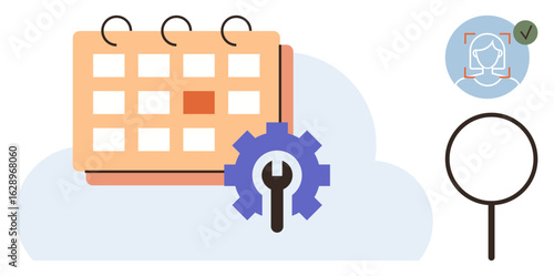 Calendar with a highlighted date, gear representing adjustments, magnifying glass for search, and user profile verification icon. Ideal for scheduling, team management, planning, organization, time