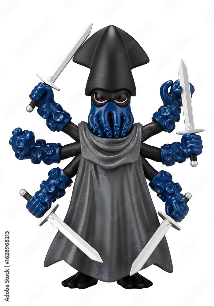 Obraz premium Illustration of an octopus-like figure with multiple arms holding swords, set against a transparent backdrop. The character has a dark hood and cloak.