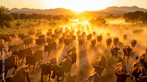 Herd of cattle and wildebeest running dusty ground sunset with golden light and shadows rural landscape and mountain background creating dramatic