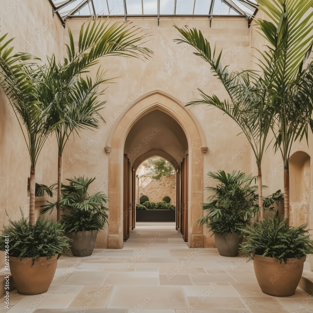 Fototapeta premium luxury modern castle interior with stone arches, pot plants in beige terracotta, and large glass roof