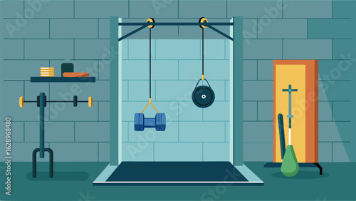 A compact home gym setup in the corner of the bat utilizing wall space for hanging resistance bands kettlebells and a TRX suspension system.. Vector illustration