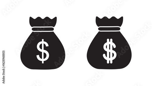 Black Money Bag Icon with Dollar Symbol – Finance, Wealth, Banking Vector