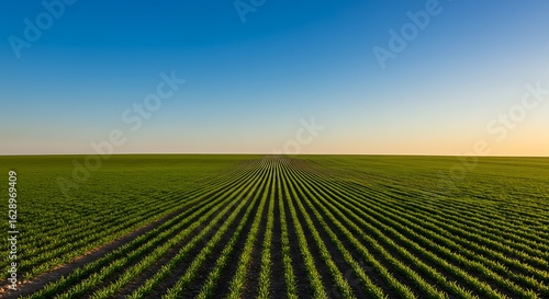 Rows of young crops stretch across a vast field, under a clear blue sky.