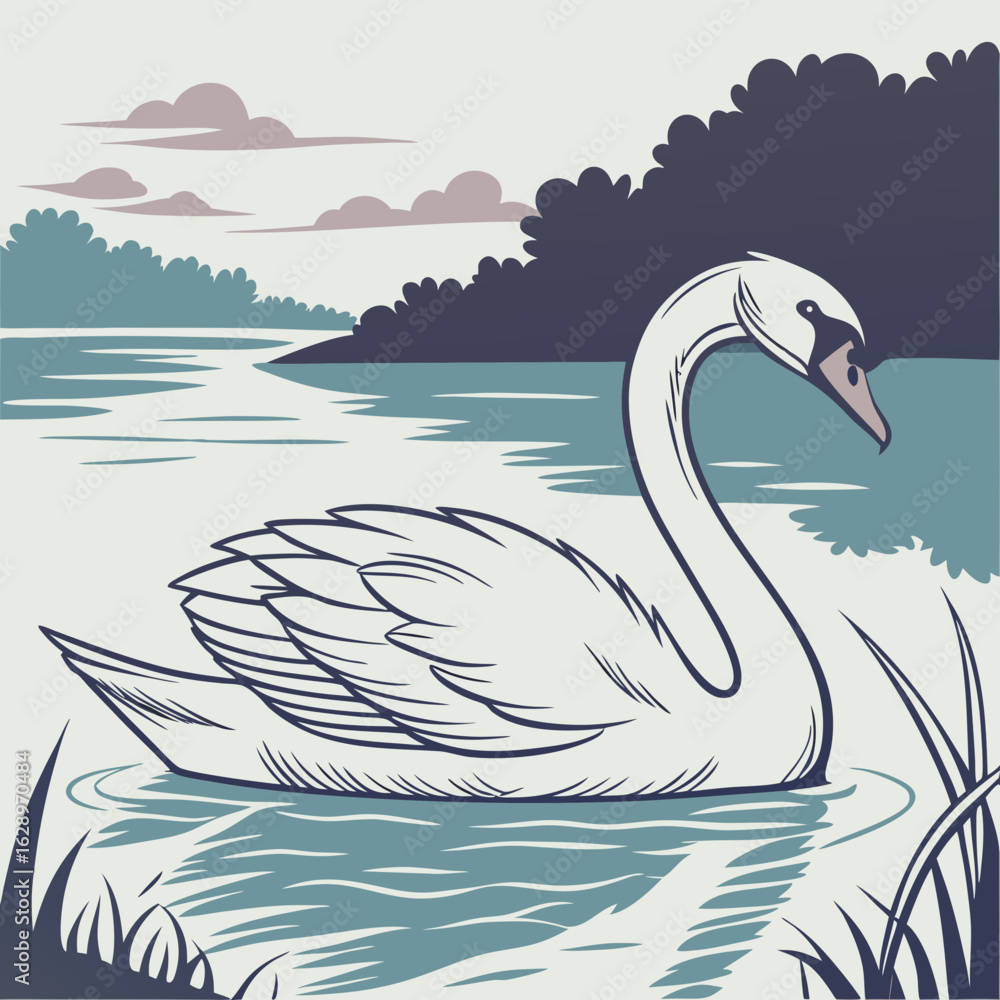 Obraz premium Elegant White Swan on Serene Blue Lake at Sunset