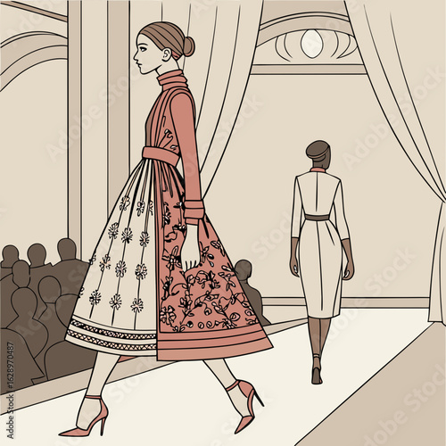 Elegant Woman in Red Floral Dress Walking a Runway