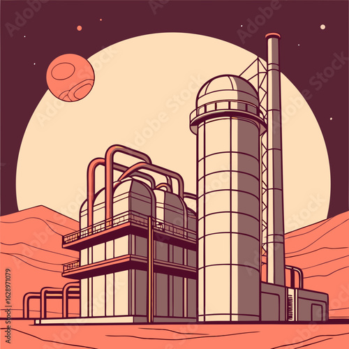 Futuristic Beige Factory on Red Planet Under Night Sky