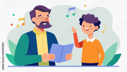 A mentee excitedly shows off their newly acquired knowledge of music history and techniques to their mentor who beams with pride. Vector illustration