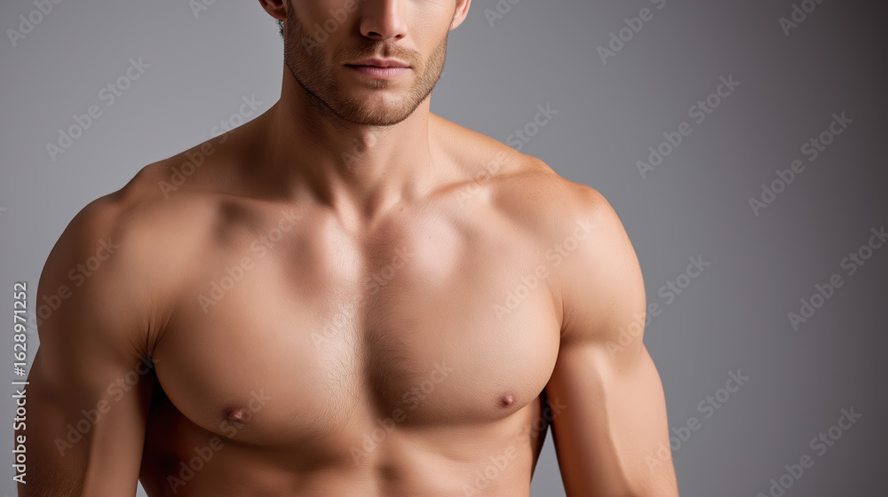 Fototapeta premium Close-Up of Muscular Male Chest and Shoulders in Studio Lighting for Fitness and Health Content