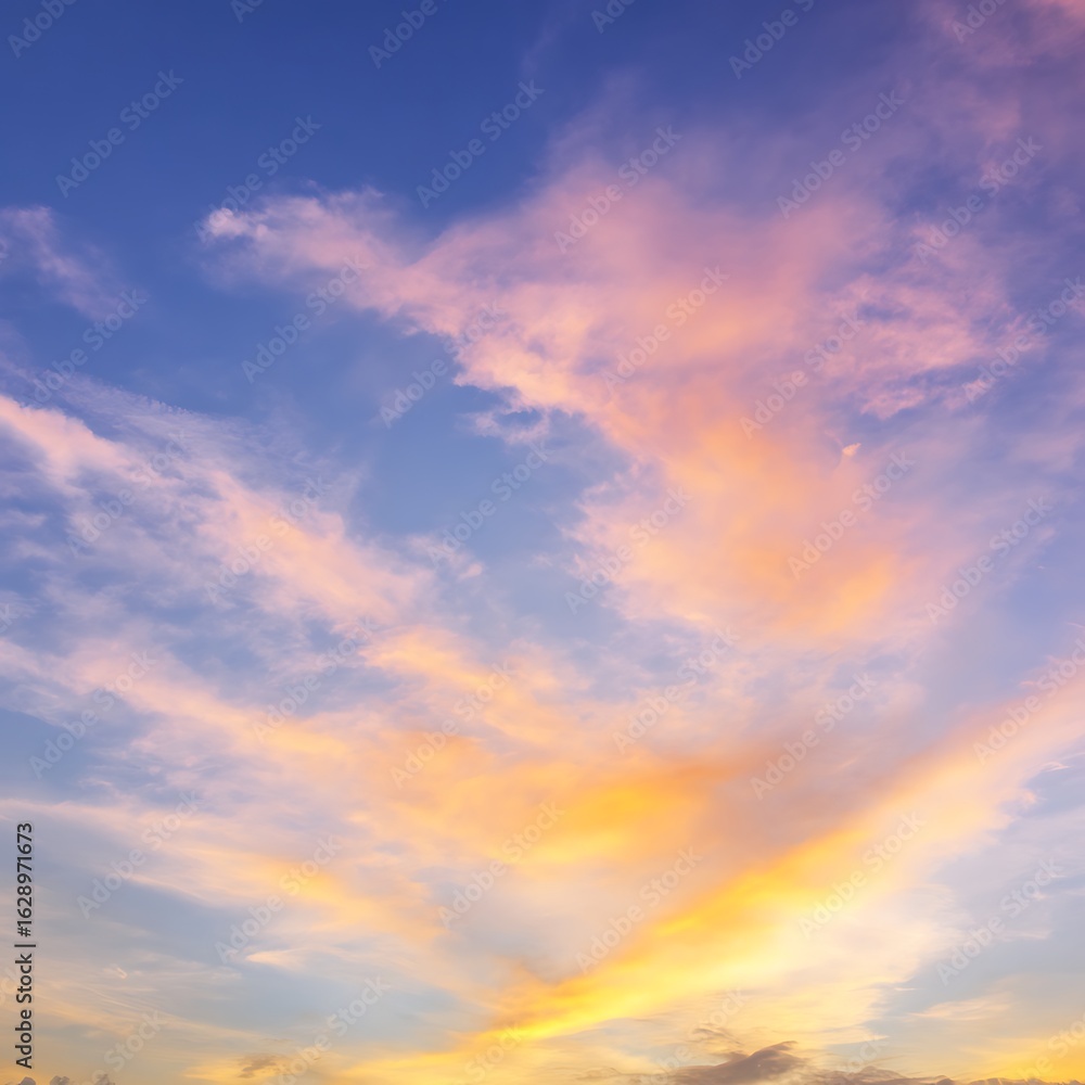 Fototapeta premium Colorful wispy clouds fill a serene blue sky at dusk or dawn light
