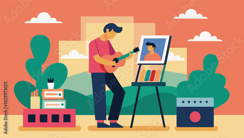 A local artist sets up their own display showcasing their new album and performing a mini concert for those browsing the store. Vector illustration