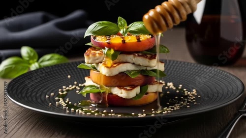 granola yogurt bowl grilled peach halloumi stack basil honey drizzle
