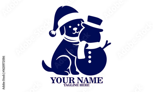 illustration golden retriever dog wearing a santa hat hugs a huge snowman, illustration vector golden retriever dog and santa hat hugs a huge snowman and logo design