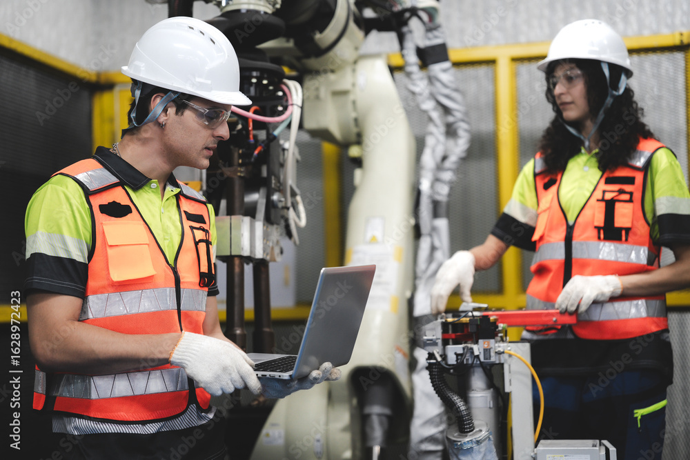 Fototapeta premium Smart Latino engineer working on AI technology in robotics electronics engineering laboratory. Hispanic students' research project is programming robot machine with intelligent mechanical control
