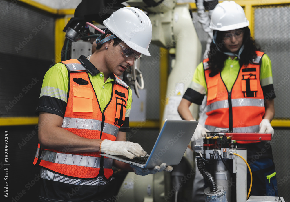 Fototapeta premium Smart Latino engineer working on AI technology in robotics electronics engineering laboratory. Hispanic students' research project is programming robot machine with intelligent mechanical control