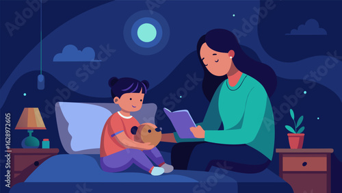 A parent and child creating a relaxing bedtime routine with dim lighting and calming music to promote a sense of peace and mindfulness before sleep..