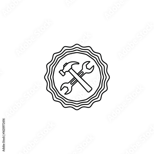 Minimal Outline Badge Emblem with Crossed Hammer and Wrench Symbolizing Repair, Maintenance, Craftsmanship, Quality Assurance