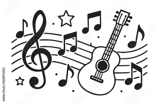 Vector background with musical elements like notes and instruments, designed in black and white tones with bold black outlines for dramatic visual rhythm.

