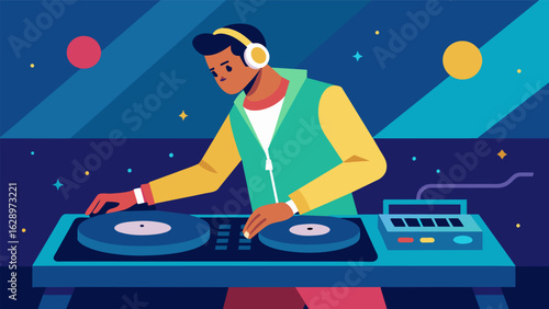 A guest DJ spins vinyl records on a turntable adding to the energetic atmosphere of the Record Store Day celebration. Vector illustration