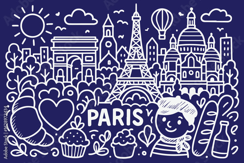 Vector background of Paris cityscape in calming blue tones, with iconic landmarks outlined in white for a soft and elegant visual appeal.


