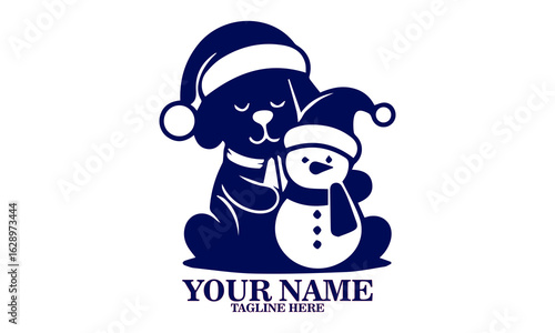 illustration golden retriever dog wearing a santa hat hugs a huge snowman, illustration vector golden retriever dog and santa hat hugs a huge snowman and logo design