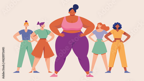 A confident model showcases a collection of flowy and breathable workout tops and pants that cater to a range of body sizes emphasizing comfort and. Vector illustration