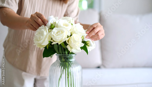 Arranging White Roses: Woman's Hands Gently Positioning Flowers in a Glass Vase