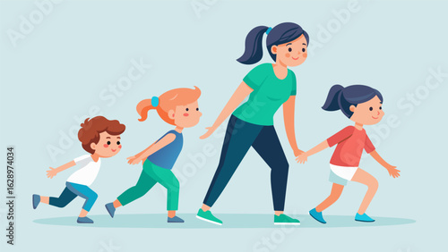 A family with children of different ages completing a follow the leader stretching routine with the youngest child proudly leading the way.. Vector illustration