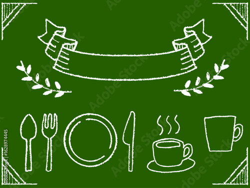 黒板にチョークで描いたカフェのお皿やコーヒーカップのイラスト素材　手書きのシンプルおしゃれなデザイン