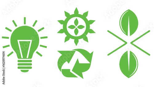 Green Eco Icons:  Renewable Energy, Sustainability, and Environmental Conservation Symbols.