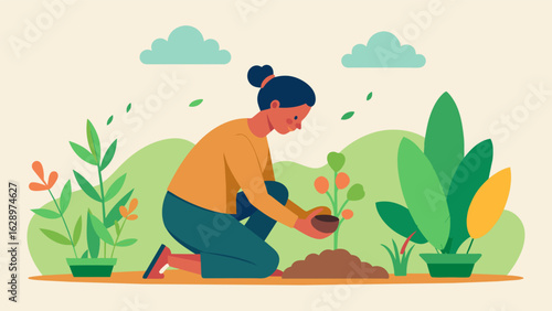 A person kneeling in their garden planting new seeds and tending to their vegetables as a form of grounding and selfsufficiency..