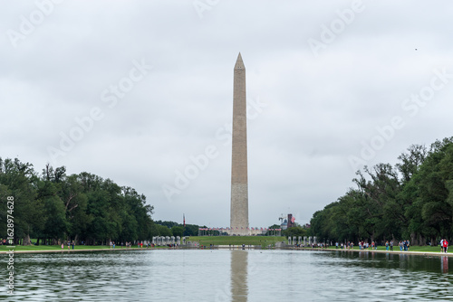 A wide-angle view of the Washington Monument in Washington, D.C., captured from the edge of the Reflecting Pool on a cloudy day
