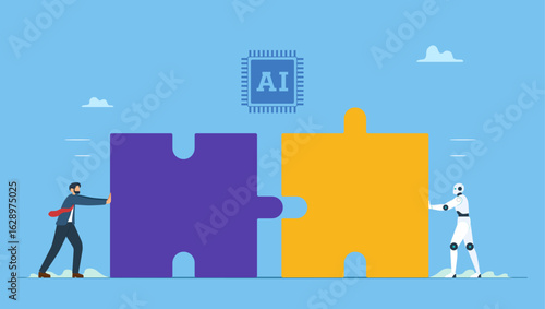 Businessman and ai robot connect jigsaw puzzle. Work with Artificial Intelligence to success together, implement AI to solve problem or get solution, collaborate with AI, innovation or automation.