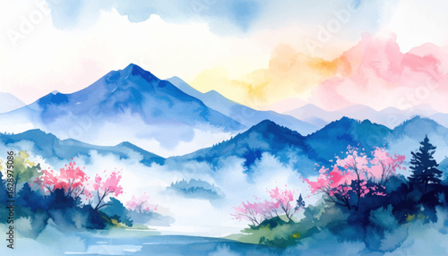 Watercolor of a quiet valley with mist and flowers. Bright watercolor landscape with mountains and river. Peaceful spring scene with misty mountains and flower. Soft pink hues in a watercolor mountain