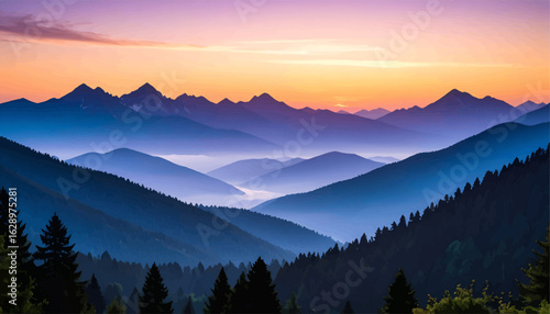 Serene mountain landscape at sunset with mist. Golden hour over misty mountain forest silhouette. Peaceful sunrise in the mountain valley view. Beautiful sunset light in misty mountains landscape