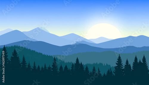 Scenic mountain view with layered peaks and forests. Sunset over the misty mountains with tranquil vibes. Serene morning mountains with forest and sun in sky. Peaceful mountainous landscape