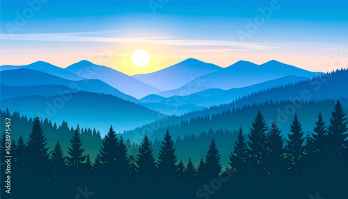  Stunning panoramic view of forest, mountain range. Gentle mist rises over the forest, mountains. Abstract blue mountain landscape with morning light. Soft, tranquil mountain landscape with pine trees