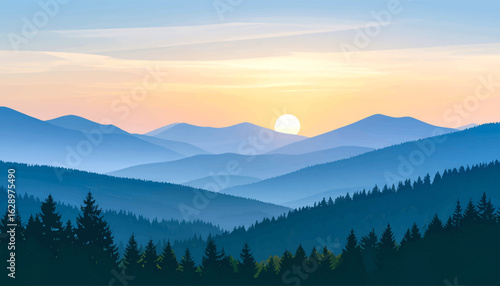 Early morning mountain view with light fog over trees. Beautiful forest scenery with mountain backdrop. Misty hills and valleys with peaceful tree line. Quiet mountain valley with soft sunset light