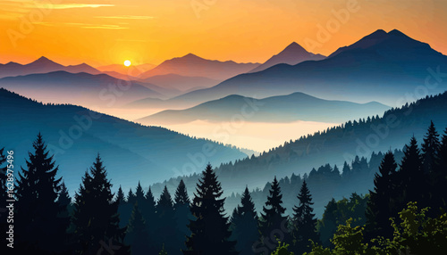 Vibrant mountain landscape at dawn with fog. Scenic misty morning in the mountain valley. Sunrise glow over foggy mountain ranges. Dramatic dawn over misty mountains and trees