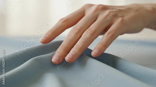Wallpaper Mural Closeup of a hand gently touching soft blue fabric, emphasizing the texture, smoothness, and sensory experience, perfect for conveying comfort, luxury, or tactile qualities in design Torontodigital.ca
