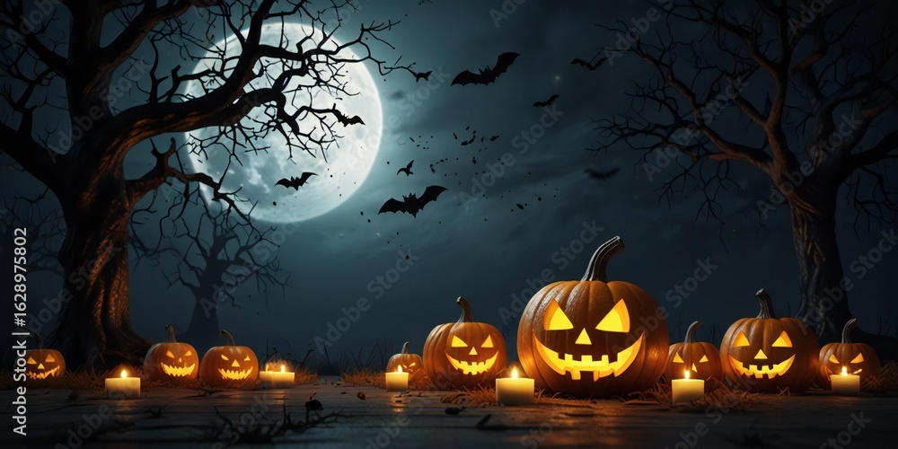 Fototapeta premium Spooky halloween night with jack o lanterns and bats under a full moon
