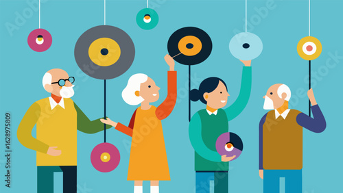 A community project involving senior citizens uses old vinyl records as materials for creating wind chimes giving new life to the discarded objects. Vector illustration