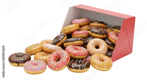 Assorted donuts in a pink box - perfect for bakery or snack advertising - Isolated White Background