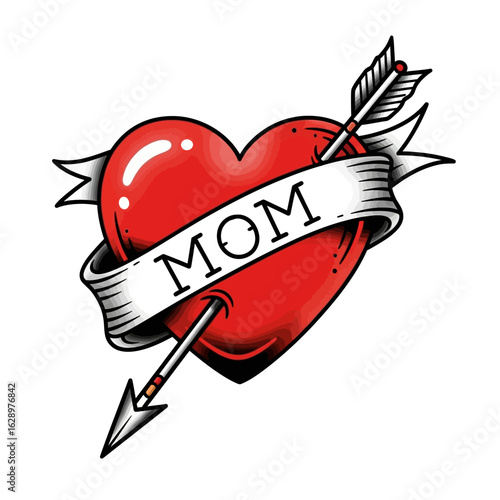 Vibrant Red Heart Tattoo Design with "Mom" Banner and Arrows